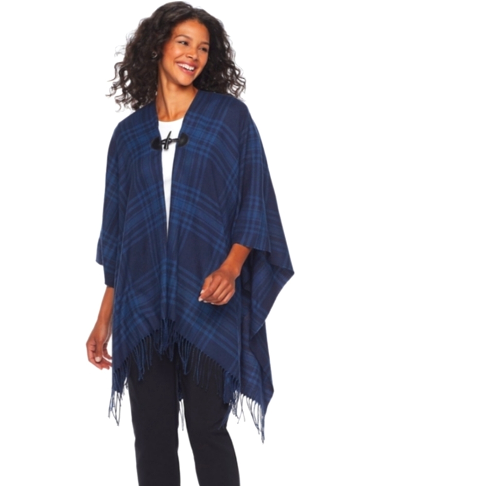 Chaps Women's Check Plaid Blue Poncho Toggle Fringe One Size
